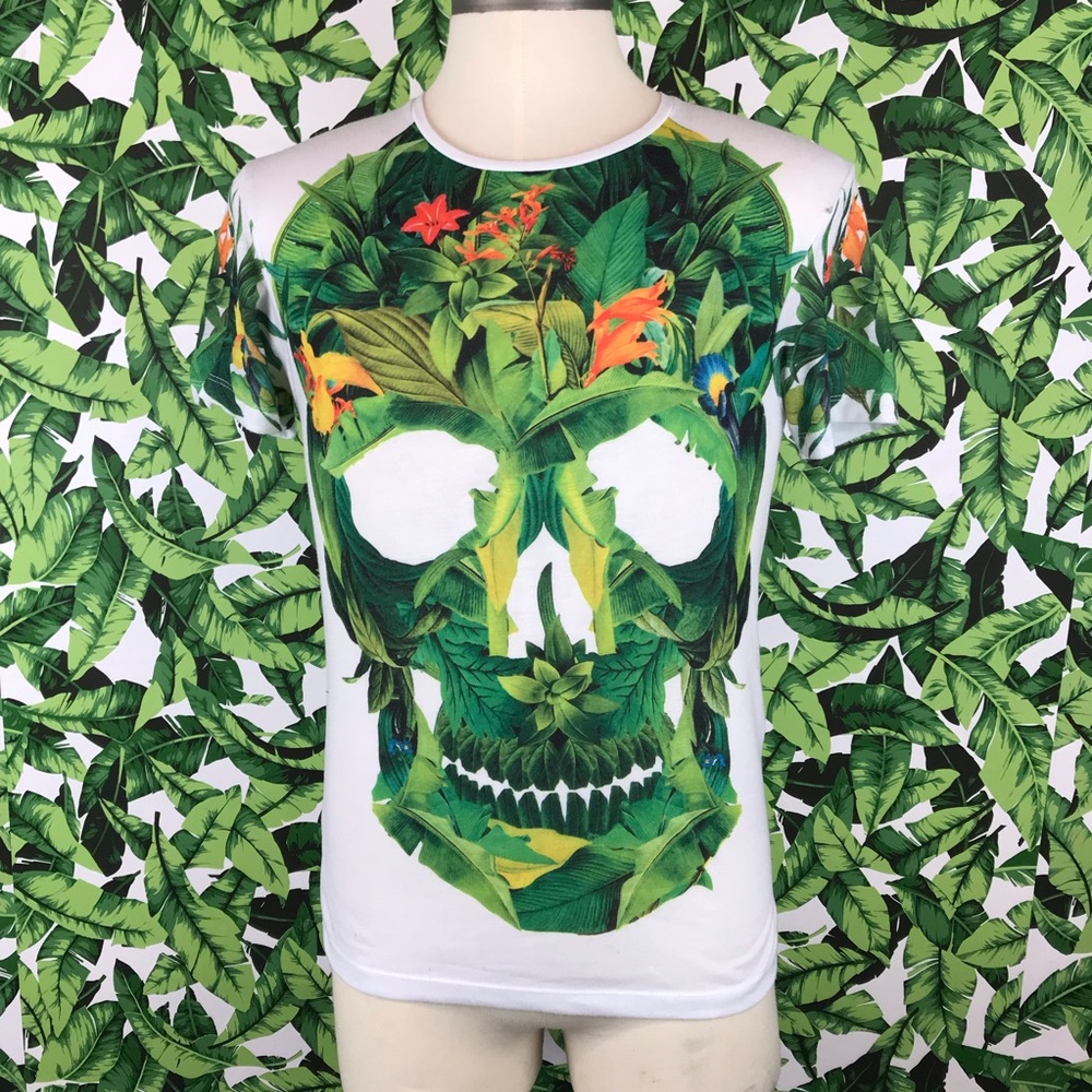 Zara Man White Tropical Leaf Skull T Shirt
